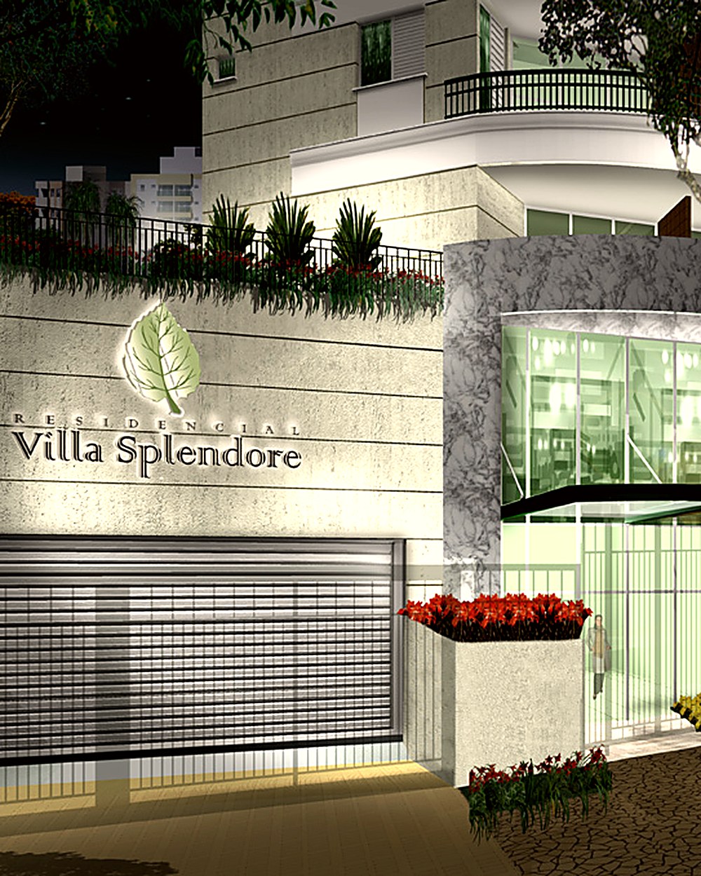 Fachada iluminada e hall de entrada do Residencial Villa Splendore, na Rua Pio XI, Alto de Pinheiros, São Paulo